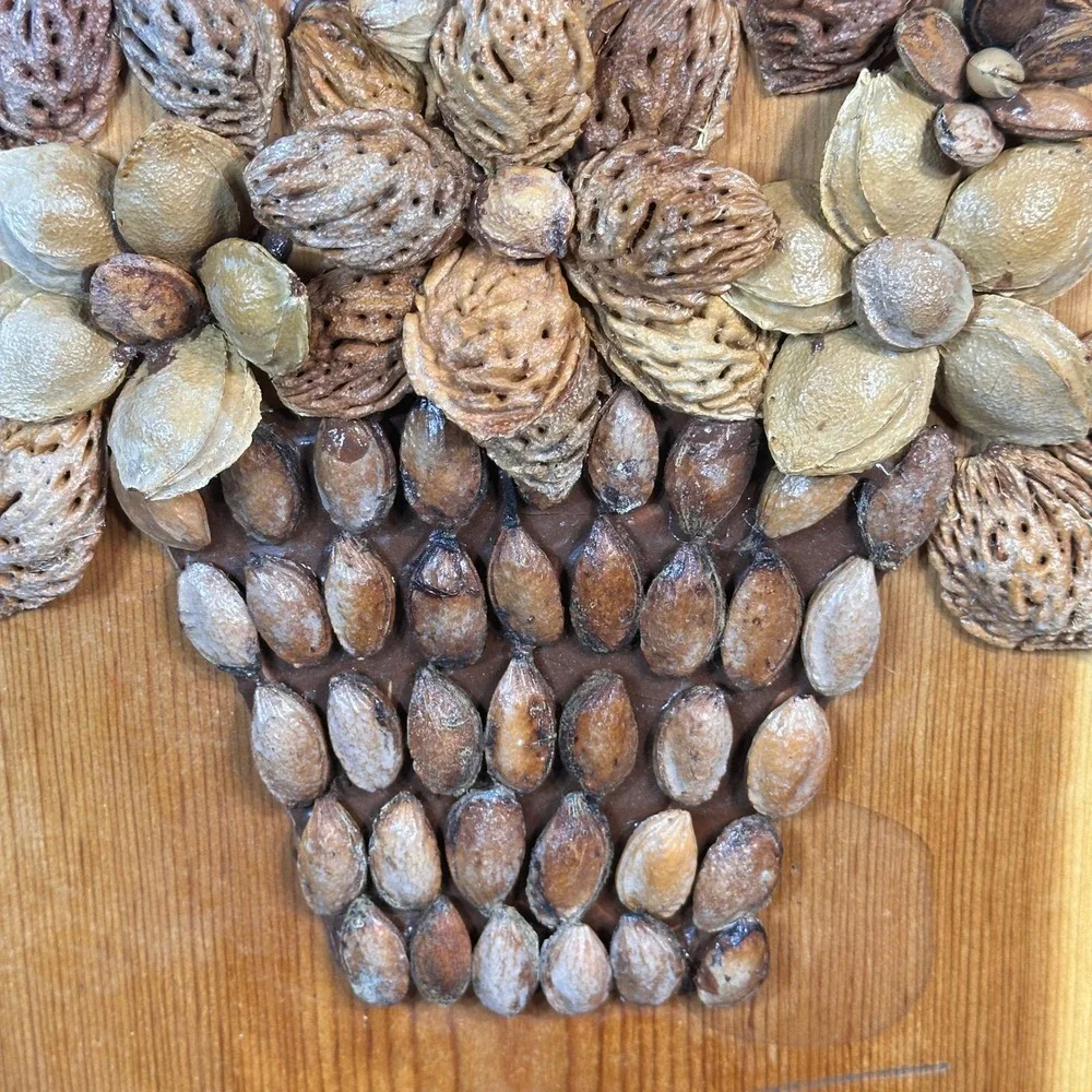 Vintage Handmade Seed Nut Peach Pit 3D Floral Wood Plaque Rustic Decor Whimsical